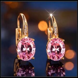 New 14k Gold Pink Sapphire Crystal Huggie Drop Earrings